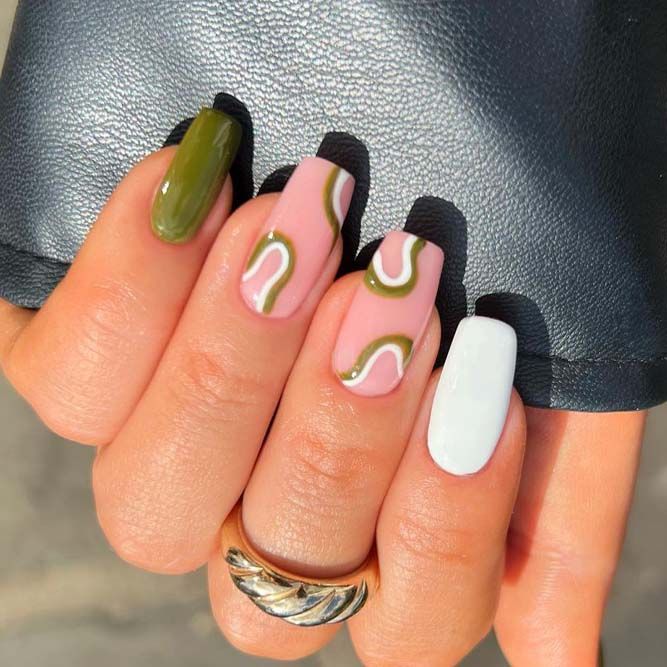 Swirly Olive Green Fall Nails Art