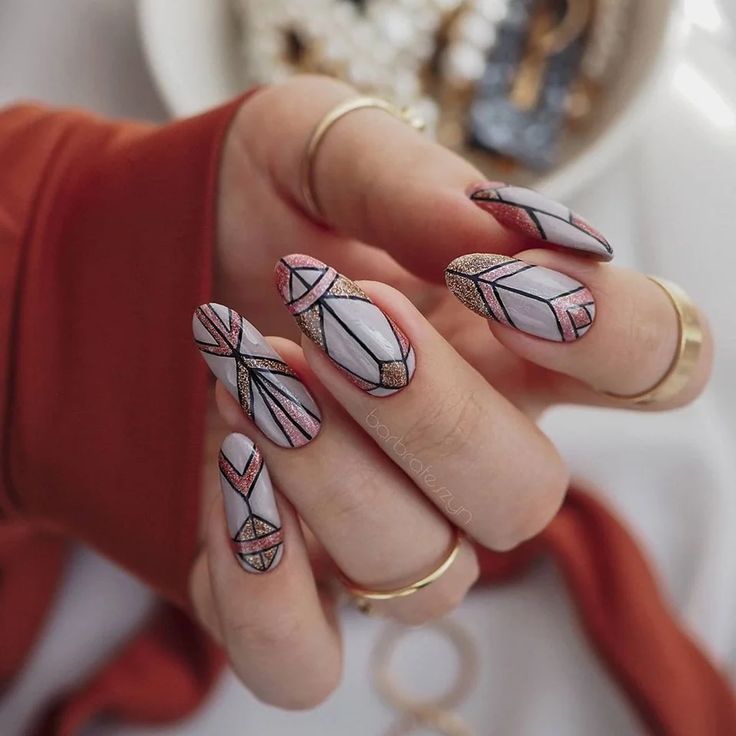 Geometric Fall Nails with Gold Glitter Designs