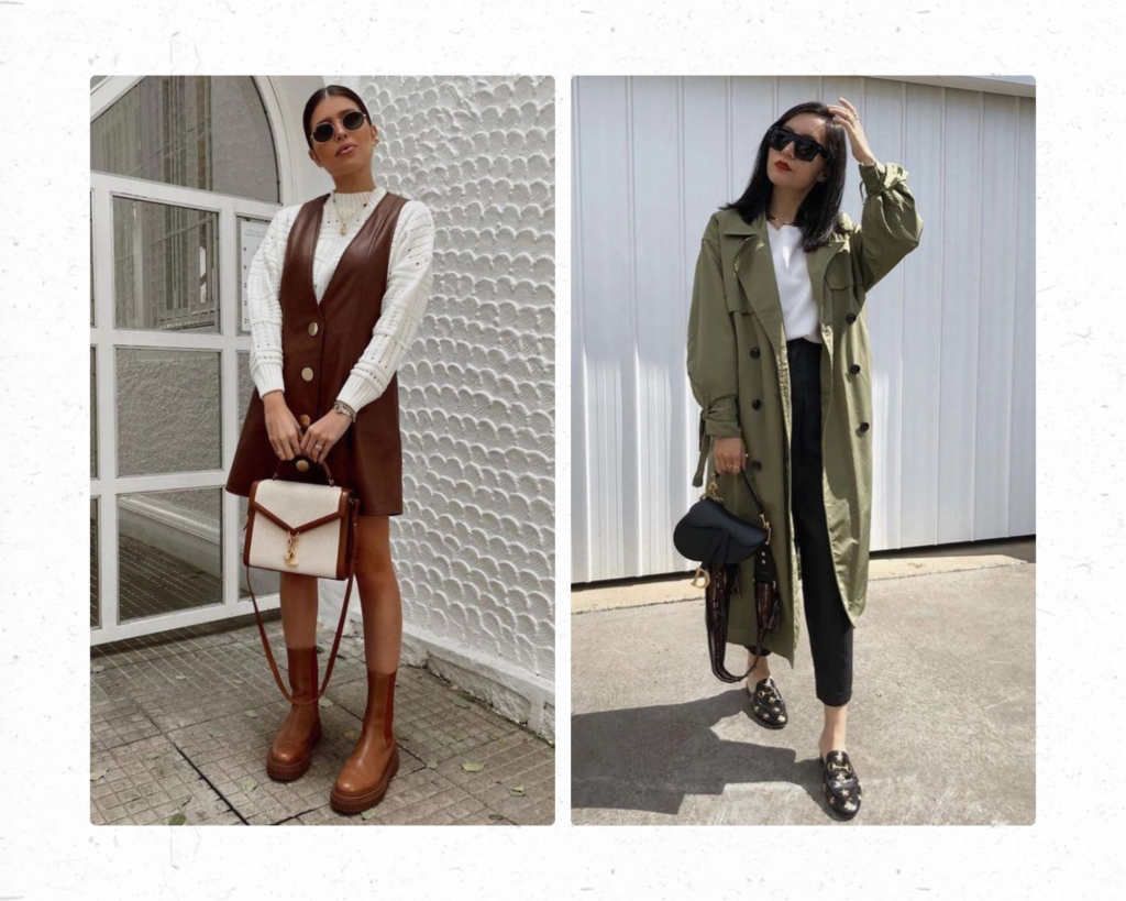 the photo shows the classic fall outfits like leather brown dress a,d on the other side a trench coat