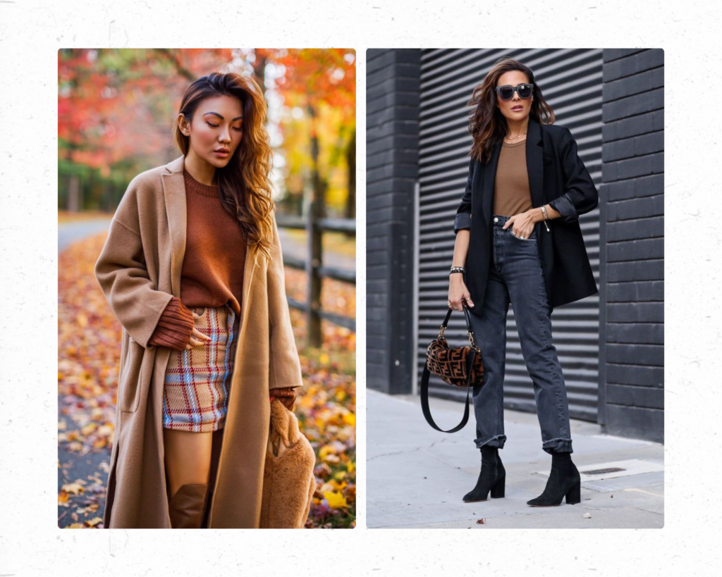 the photo shows a classic plaid skirt with a nude color coat and on the other side of the image a classic black blazer that is a must have for this fall season 2023