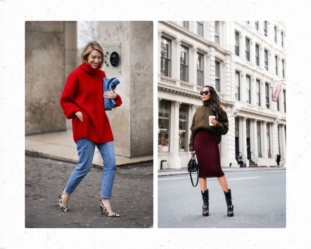 the photo shows an oversized red sweater with Denim pant and on the other side an oversized Brown sweater with a burgendy skirt 