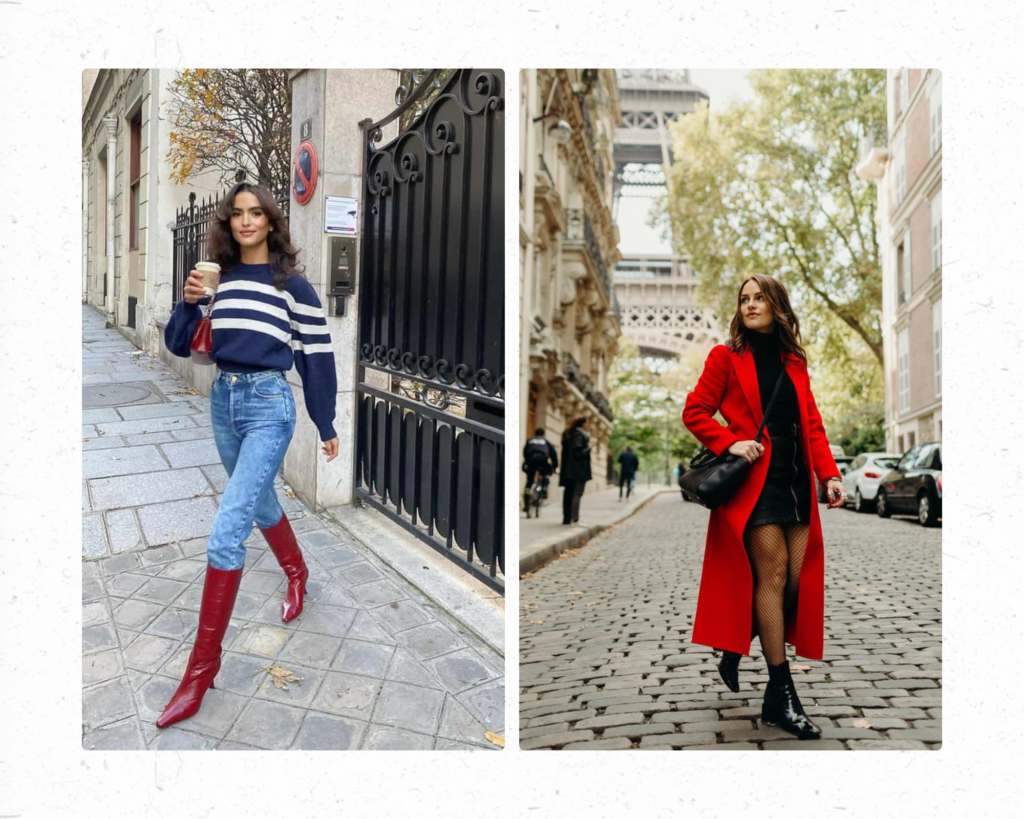 the photo shows a casual chic Fall outfit with Denim and a pair of red boots and on the other side a Statement Red Coat 