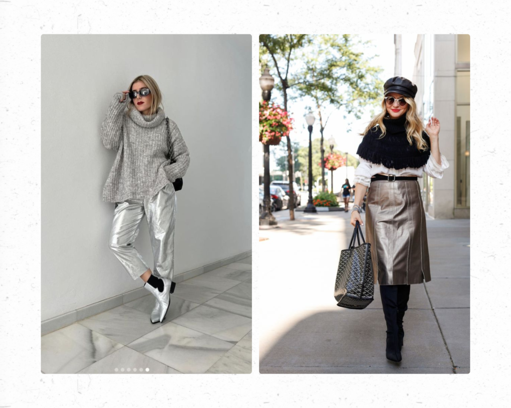 the photo shows a trendy Silver Mettalic pans with a gray oversized sweater and on the other side a chic fall outfits with a bronze skirt 