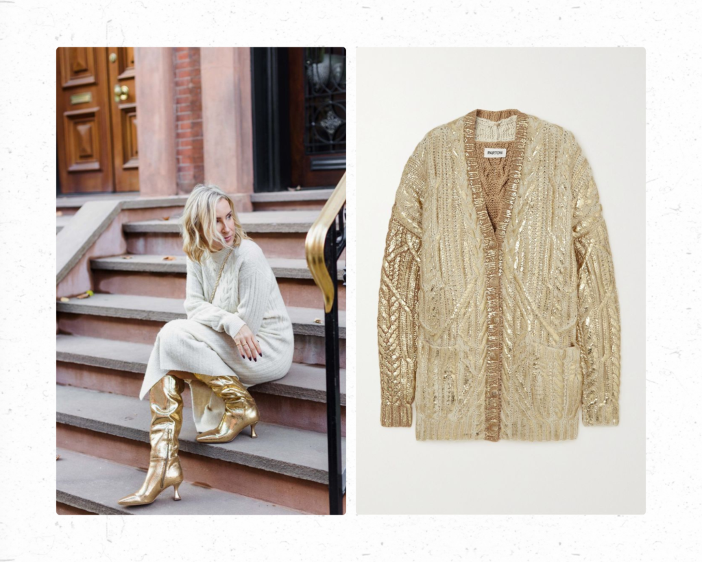 the photo shows an off white long  sweater dress paired with a knee-high 
 Gold boots and on the other side an oversized Gold Mettalic Cardigan