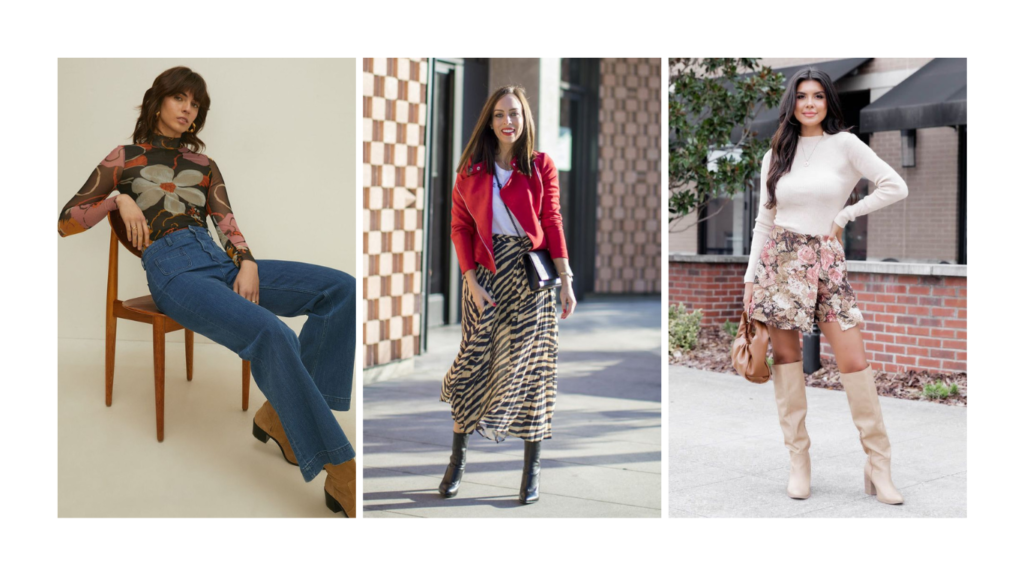 The photo shows 3 different Fall Outfit Ideas with trendy patterns like Floral and animal prints