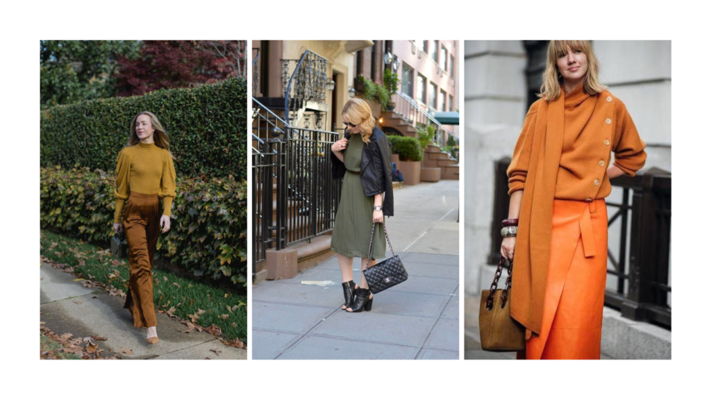 the photo shows 3 different Earthy Tone Fall Outfit Ideas: burnt orange, brown, and olive green 