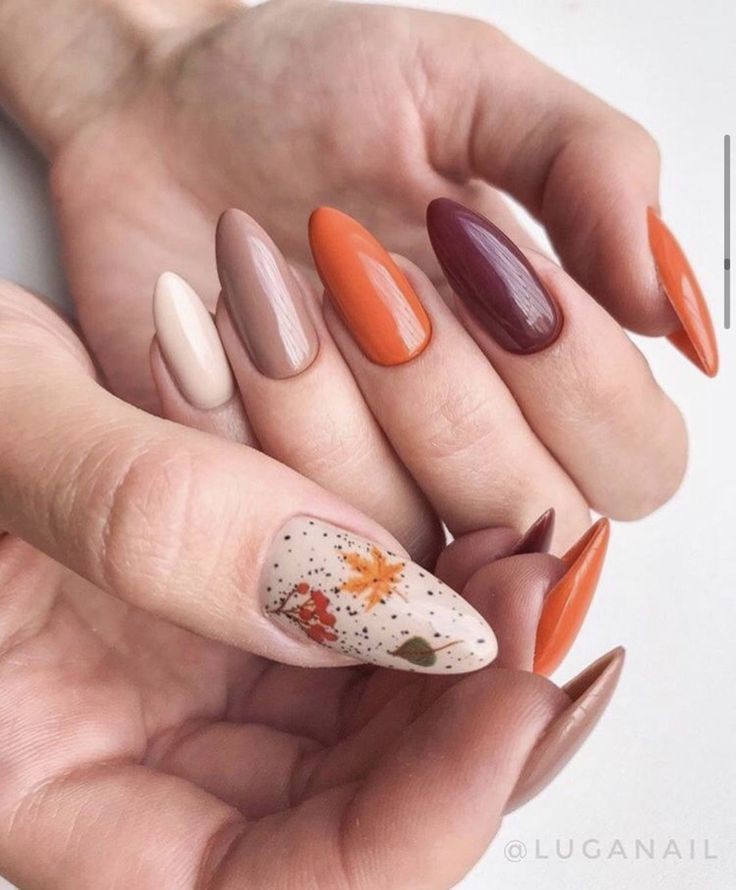 Burnt Orange Nails Ideas with Leaf Designs