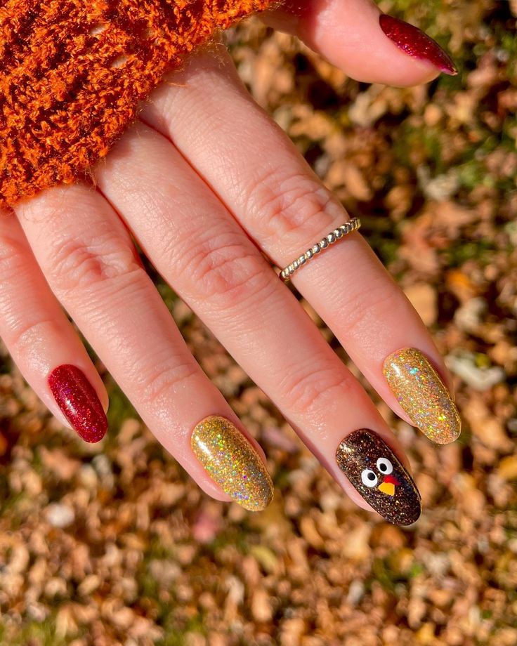 glitter thanksgiving nails with turkey design