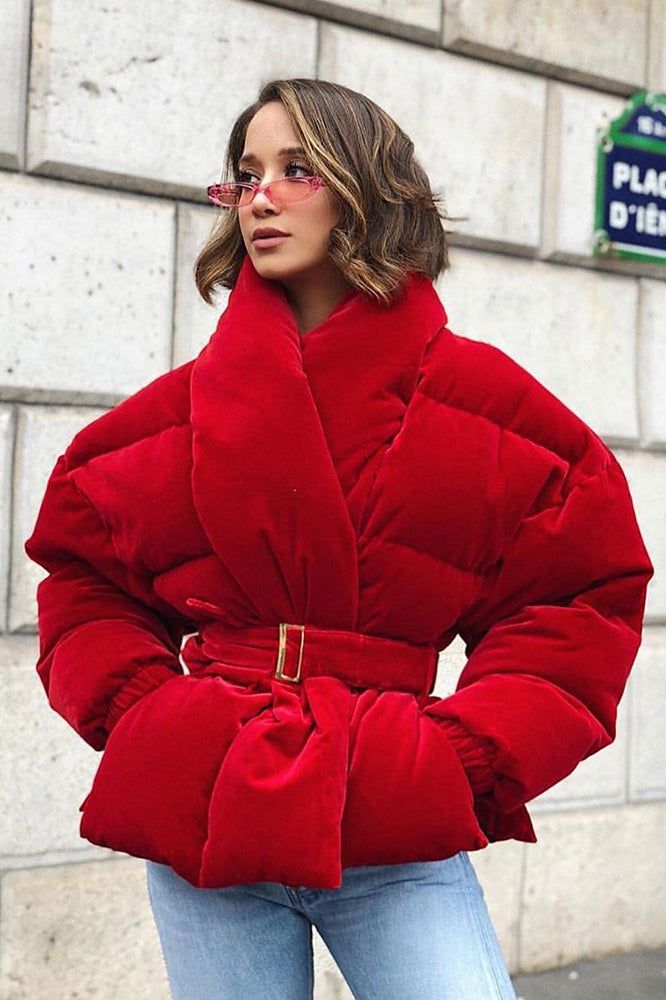 vibrant red puffer coat/ winter outfits 2023