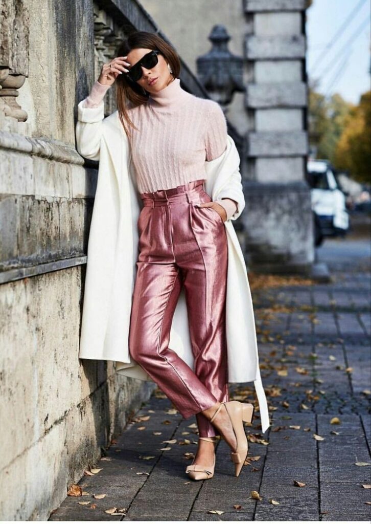 chic rose gold metallic pants with white coat/ winter outfits inspo