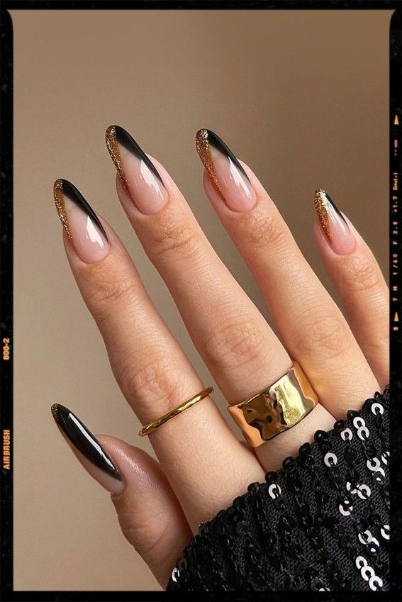 Black and Gold Glitter French Nails