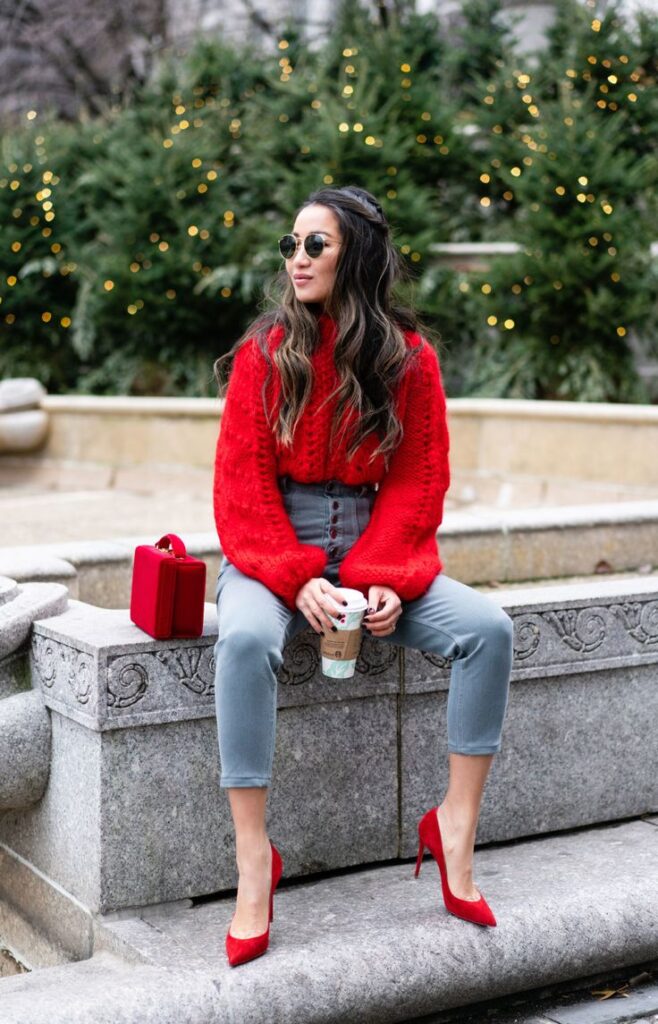 red oversized knitwear