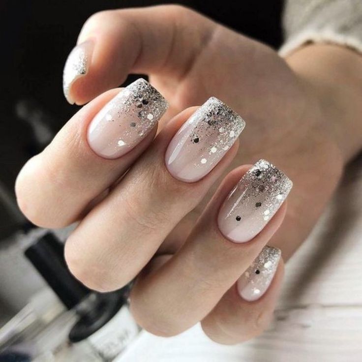 Simple Holiday Nails With Big Silver Glitter Chunks